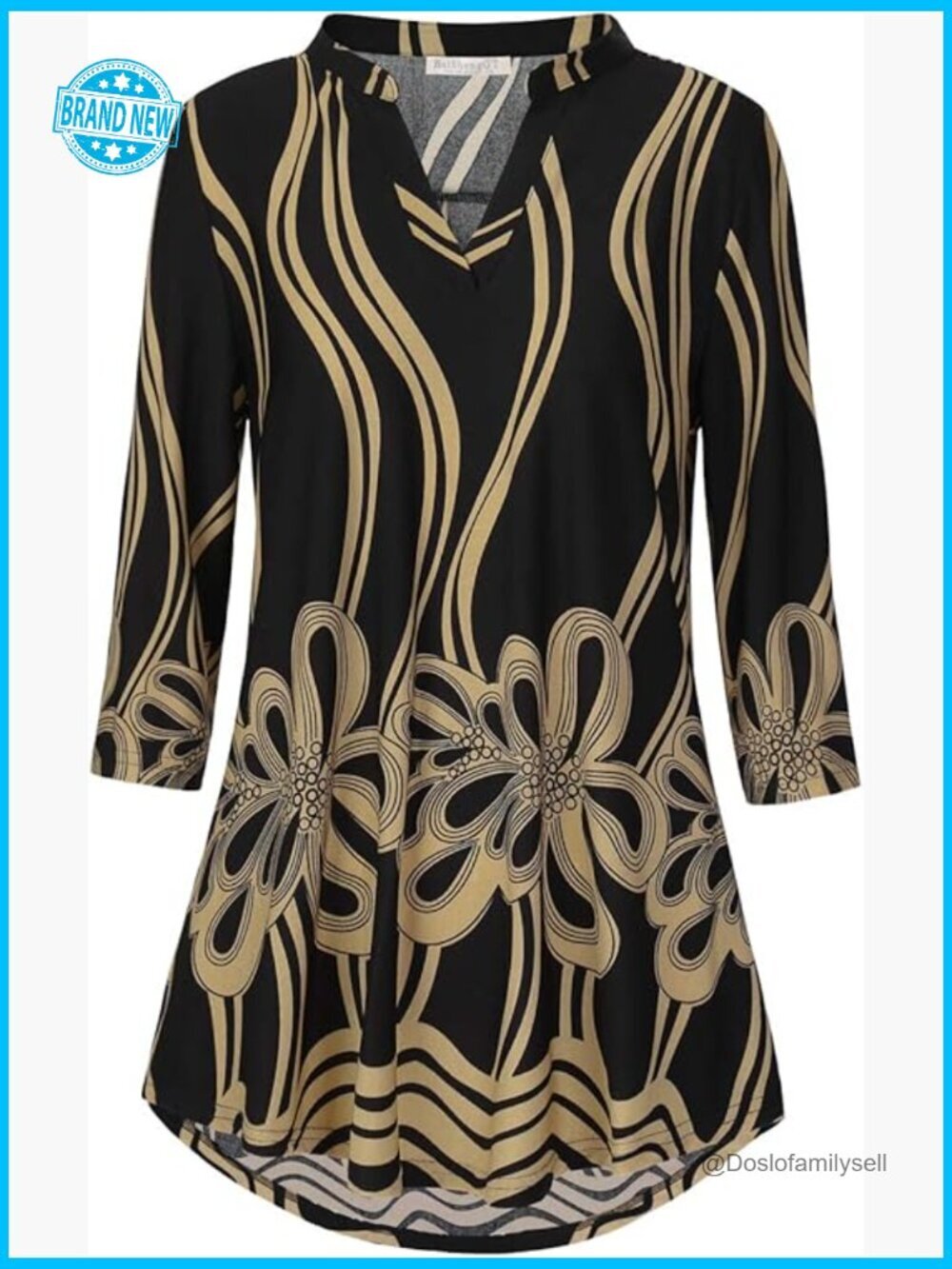 3/4 Sleeve Notch V Neck Floral Tunic Blouse Dressy Casual Loose Fit Going Out